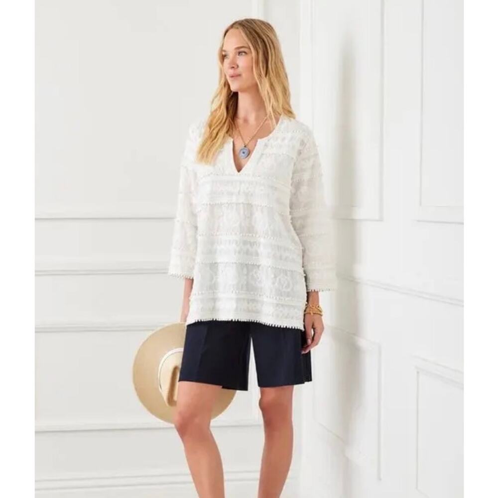 NWT Karen Kane Embroidered Cotton Tunic Top White Petite MP Boho $128 - Picture 2 of 10